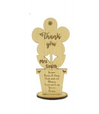 Oak veneer flower on stand - personalised 'Thank you for your patience and caring' teacher gift